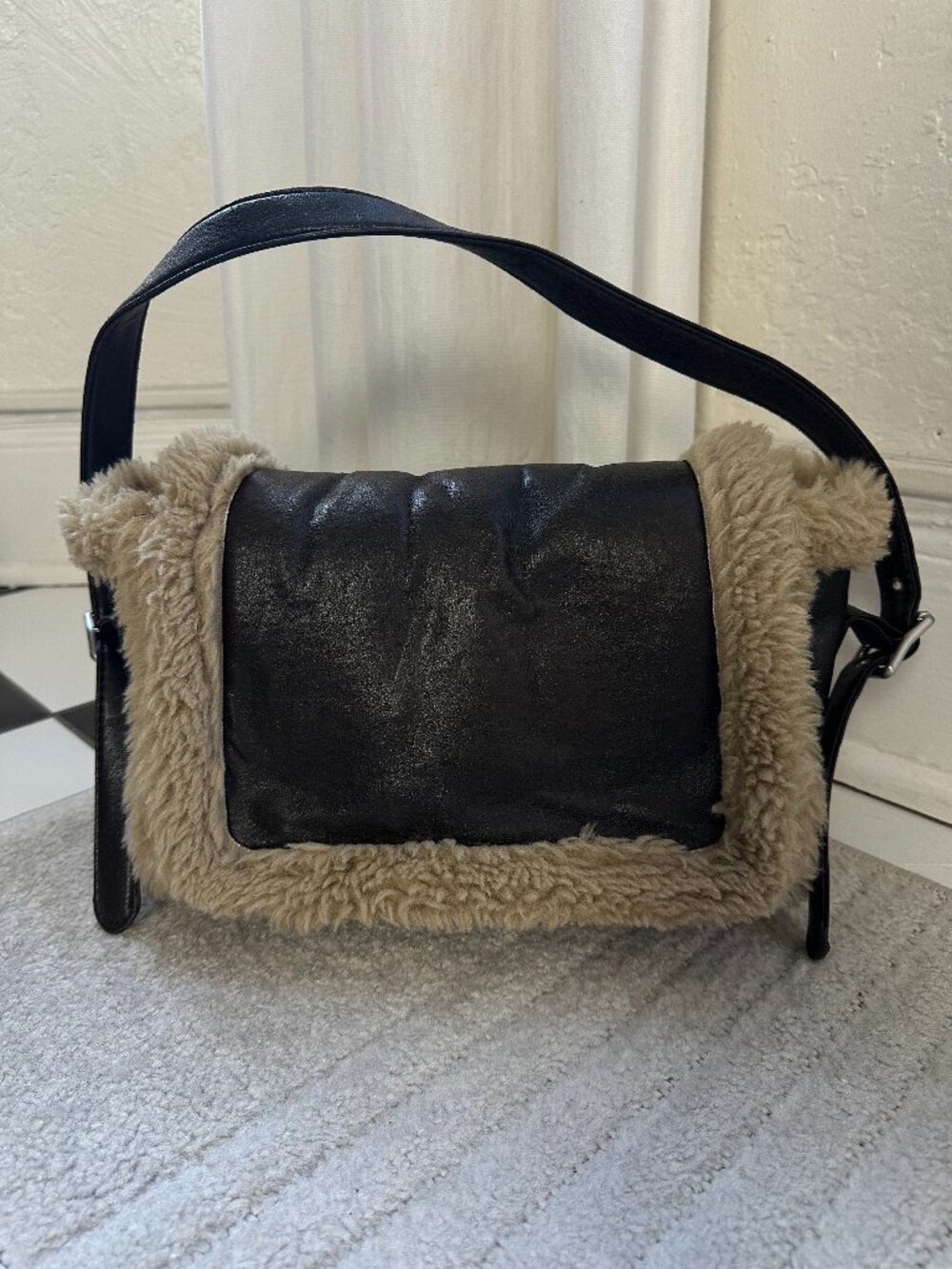 Zara Faux Shearling Trim Black Shoulder Bag Y2K Moto Buckle Handbag